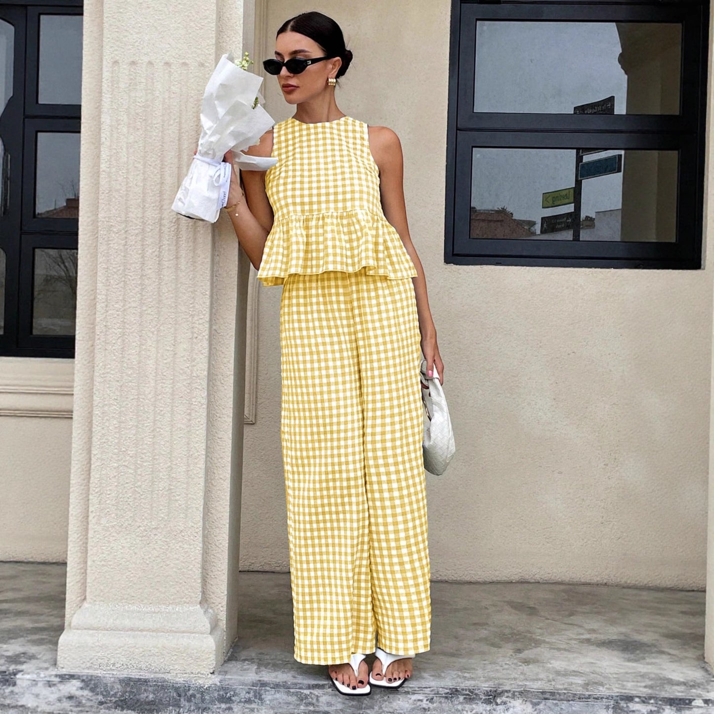 Womens Casual Crew-neck Sleeveless Top With Ruffled Hem And Straight-leg Pants