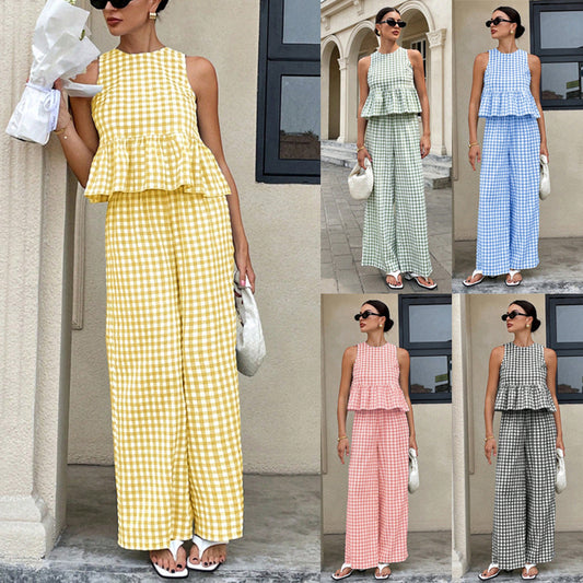 Womens Casual Crew-neck Sleeveless Top With Ruffled Hem And Straight-leg Pants