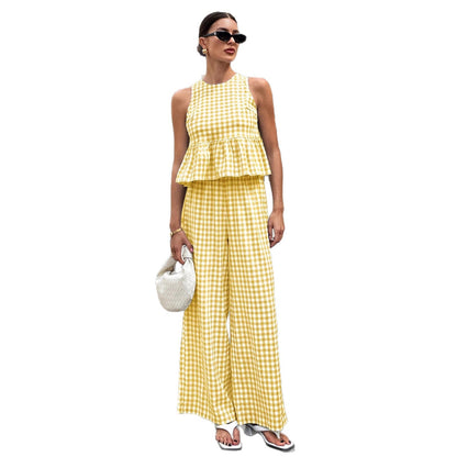 Womens Casual Crew-neck Sleeveless Top With Ruffled Hem And Straight-leg Pants