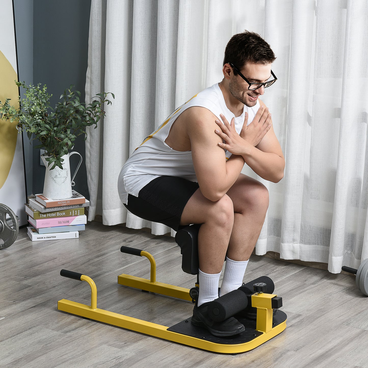 3-in-1 Padded Push Up Sit Up Deep Sissy Squat Machine Home Gym Fitness Equipment, Yellow